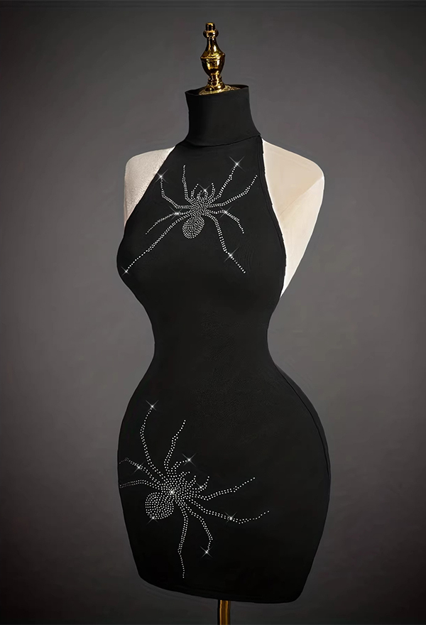Gothic Black Rhinestone Spider Embellished Halter Backless Dress Dark Style Bodycon Mini Dress